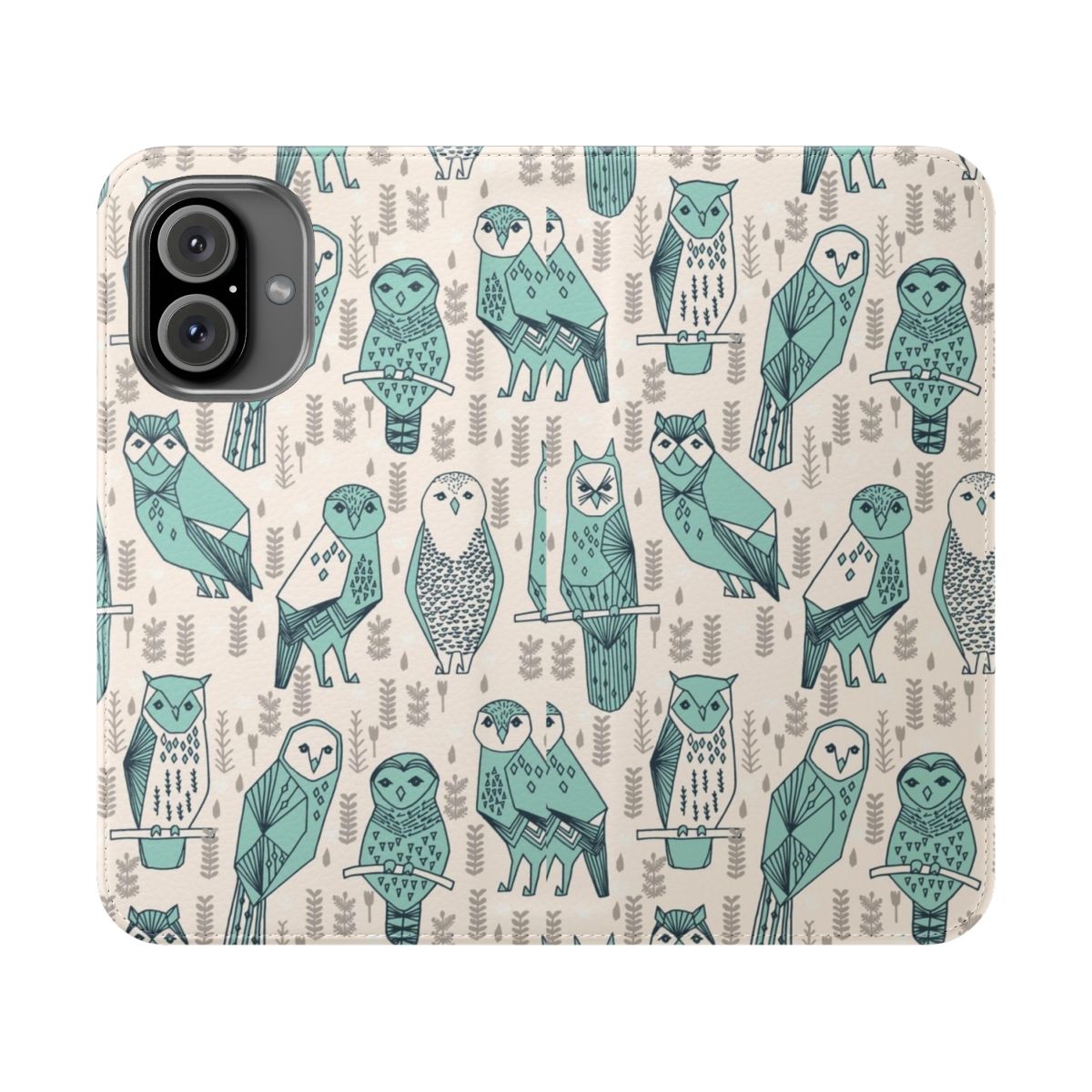 Pale turquoise flip cover phone case featuring an Andrea Lauren design of owls in a nature-inspired pattern