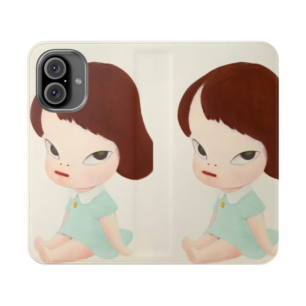 Flip cover phone case featuring a baby girl painting inspired by the artwork of Japanese artist Yoshimoto Nara.