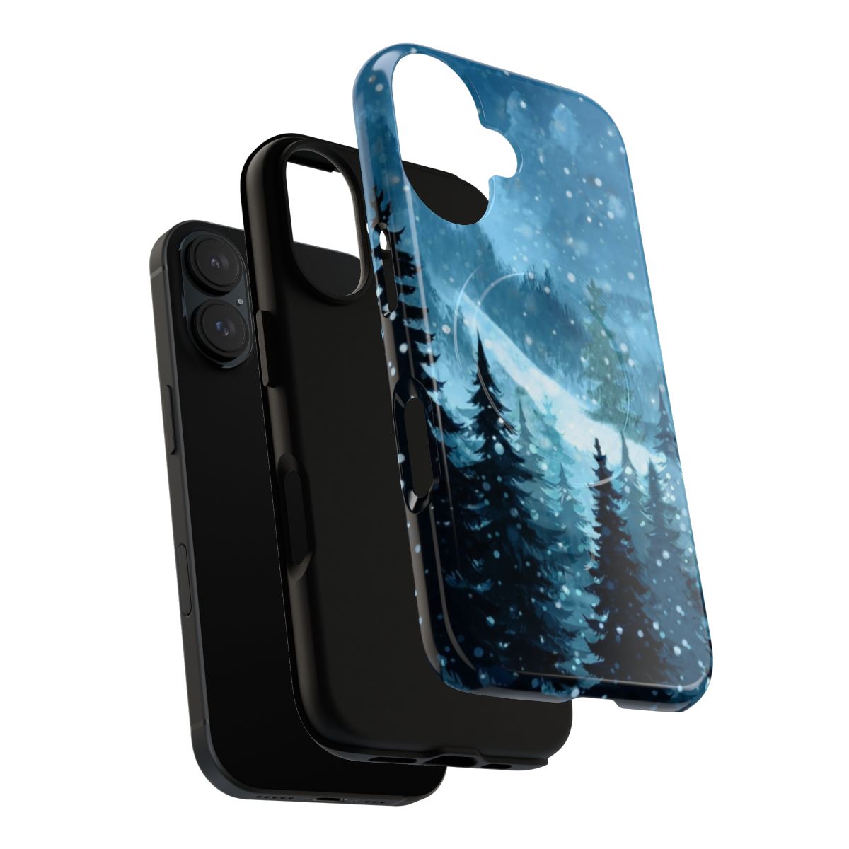 Watercolor winter landscape phone case with snow, mountains, and pine trees - Layers