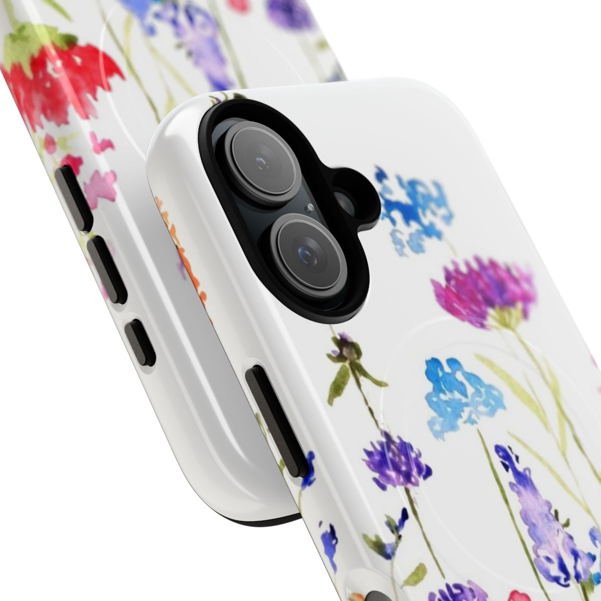 Artistic watercolor painting of vibrant wildflowers on a phone case - Detail