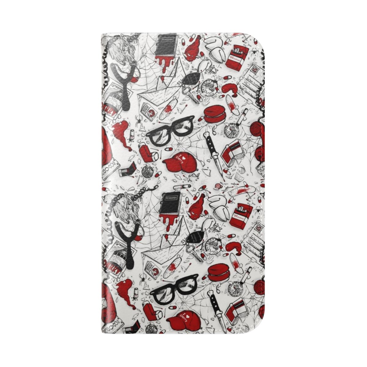 Stylish flip cover phone case featuring a repeating pattern design inspired by Stephen King's IT novels and movies. - Folded Back