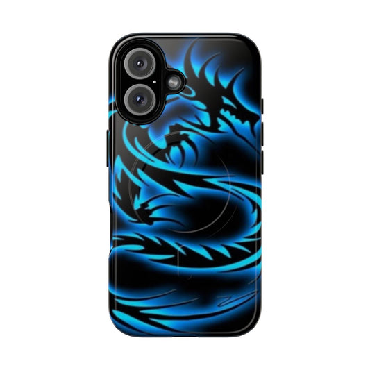 Vibrant blue neon dragon phone case with a sturdy, magnetic design