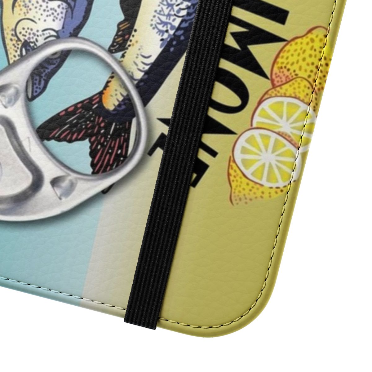 Vintage-style flip phone case with sardine can design - Close Up