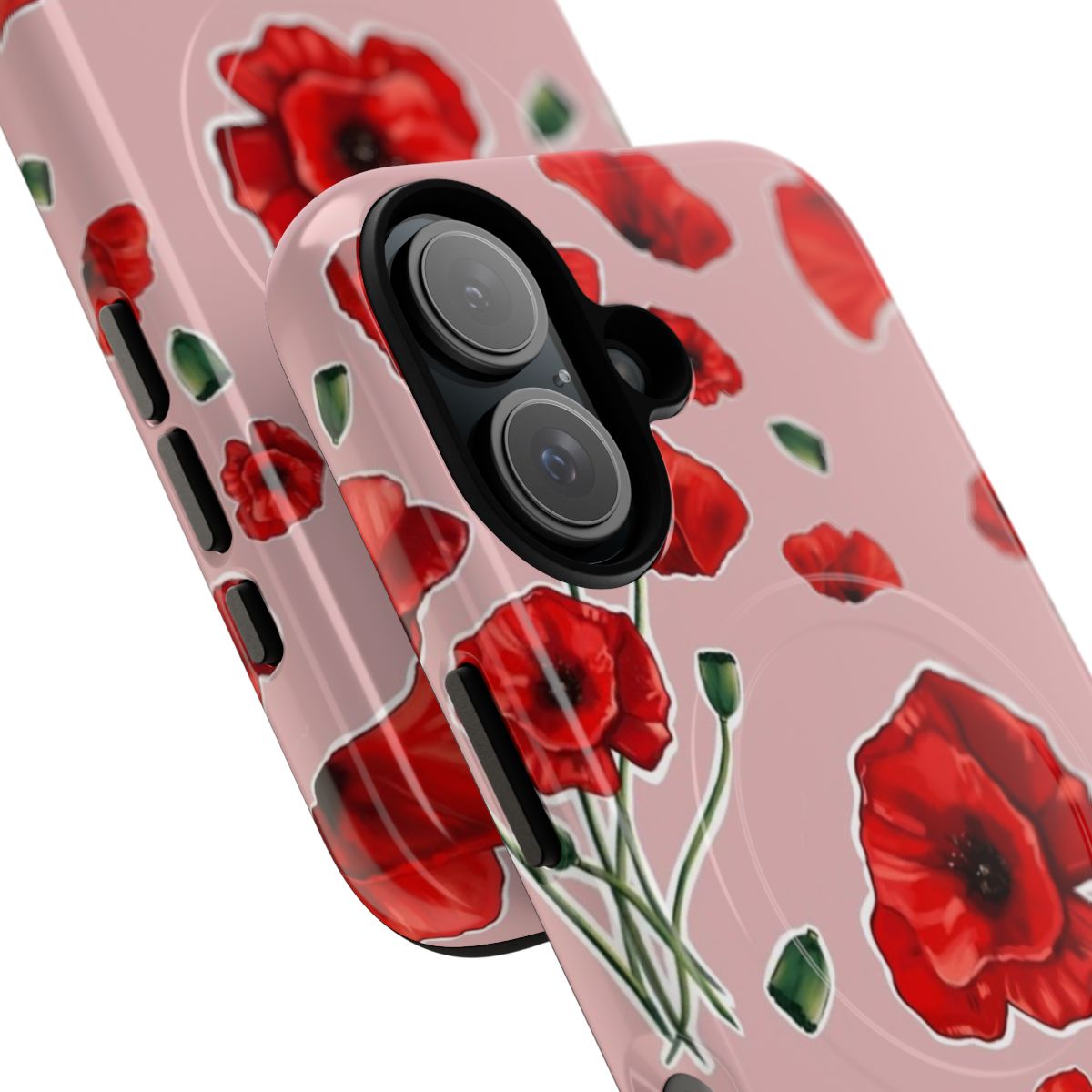 Vibrant pink and red poppy pattern phone case with magnetic closure and tough design. - Detail