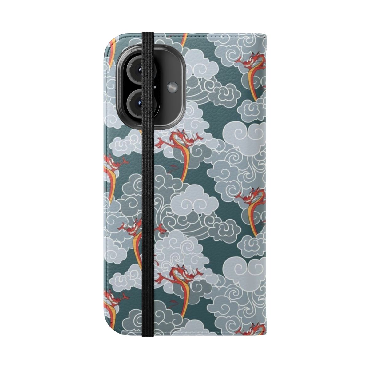 Stylish oriental mushu pattern phone case with protective flip cover - Folded Front