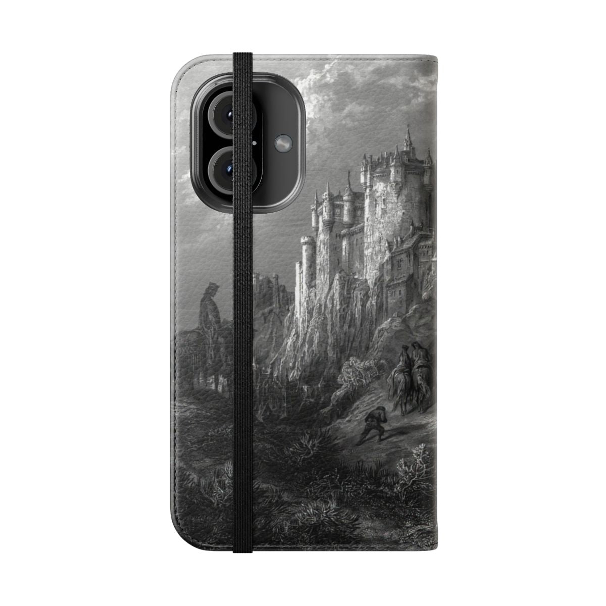 Artistic flip cover phone case featuring dark fantasy landscape inspired by Gustave Dore's illustrations for the literary classic Idylls of the King. - Folded Front