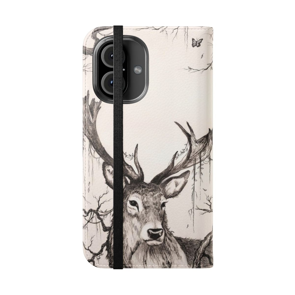 Flip cover phone case featuring a detailed illustration of a stag in a lush, sleeping forest with butterflies and flora. - Folded Front