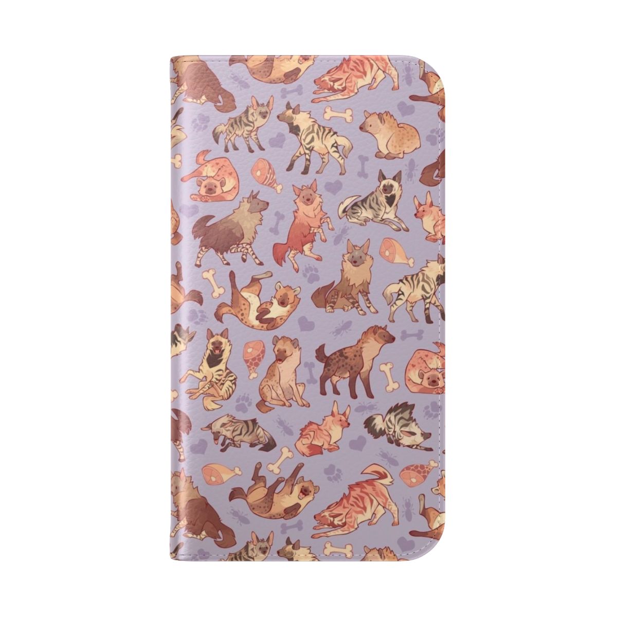 Lavender-colored flip cover phone case featuring a playful hyena design - Folded Back