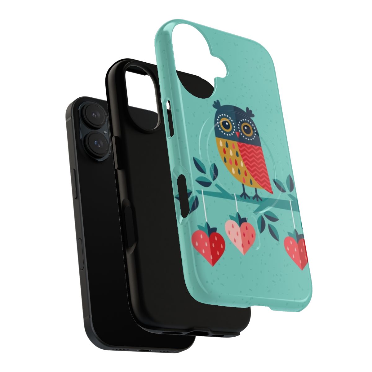 Colorful and whimsical phone case featuring an owl design with strawberry hearts - Layers