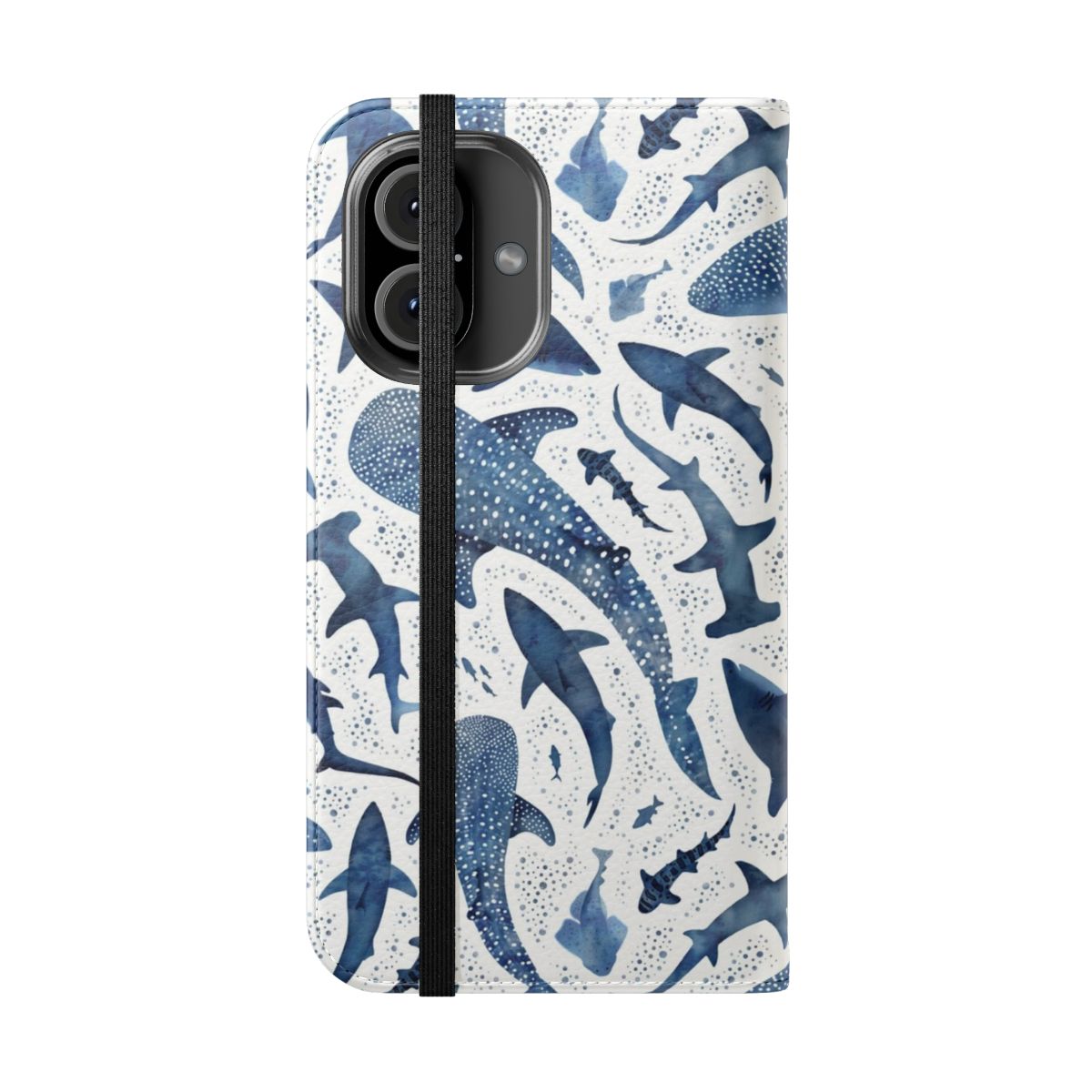 Vibrant blue watercolor painting of a shark swimming in the ocean on a white phone case - Folded Front