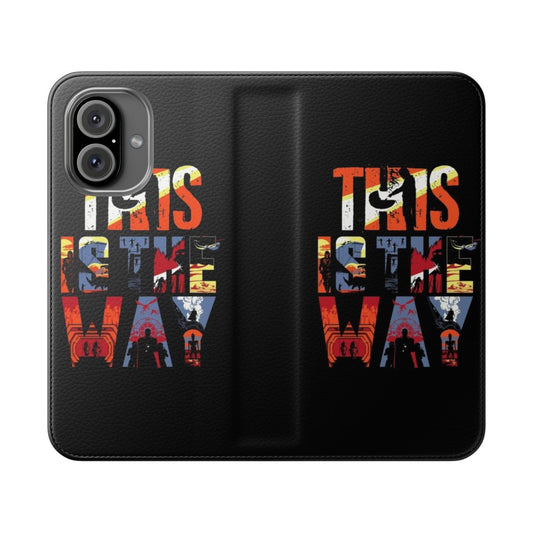 Stylish sci-fi inspired flip cover phone case with Mandalorian, Star Wars, and futuristic elements