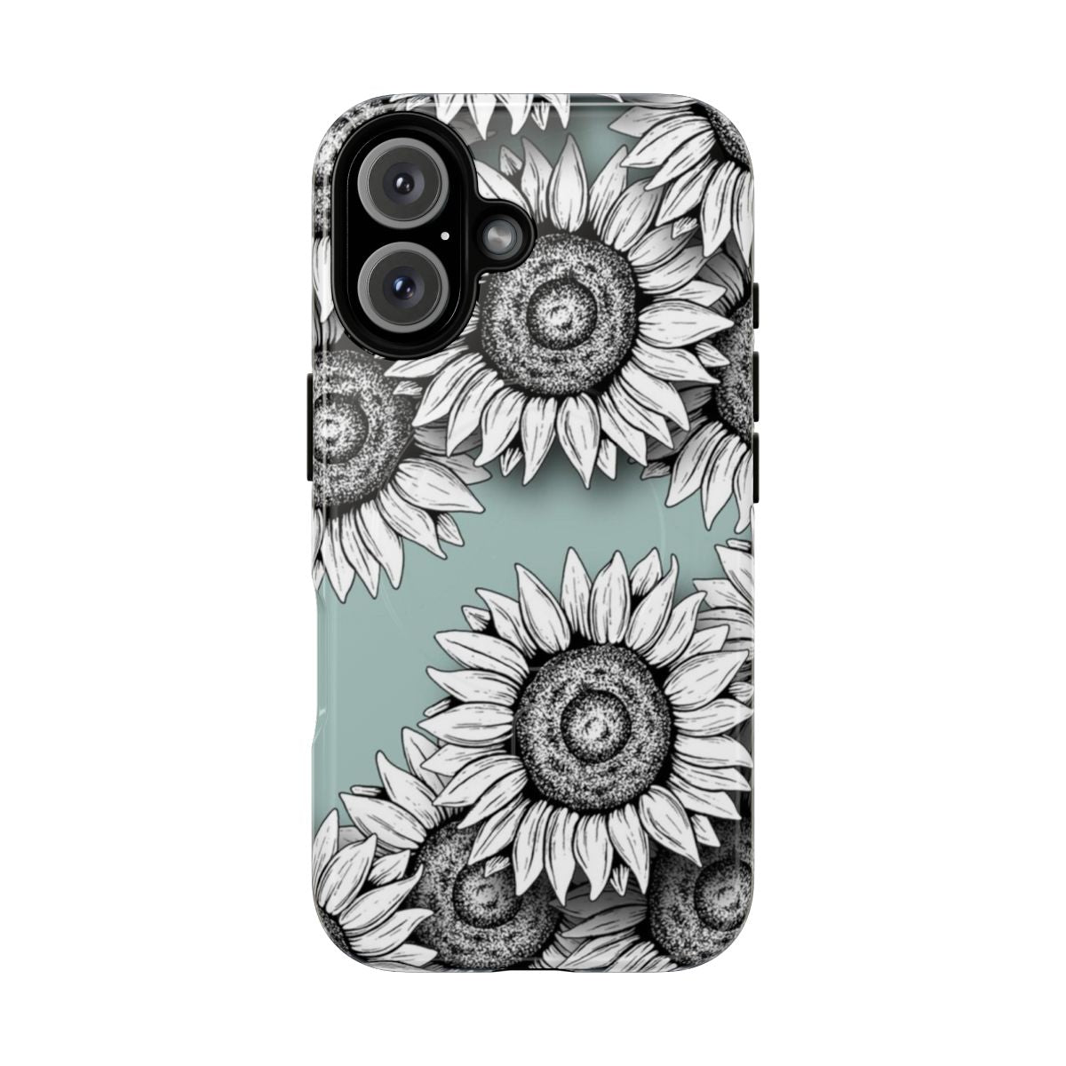 A phone case featuring a graphic black and white illustration of wild flowers and greenery.