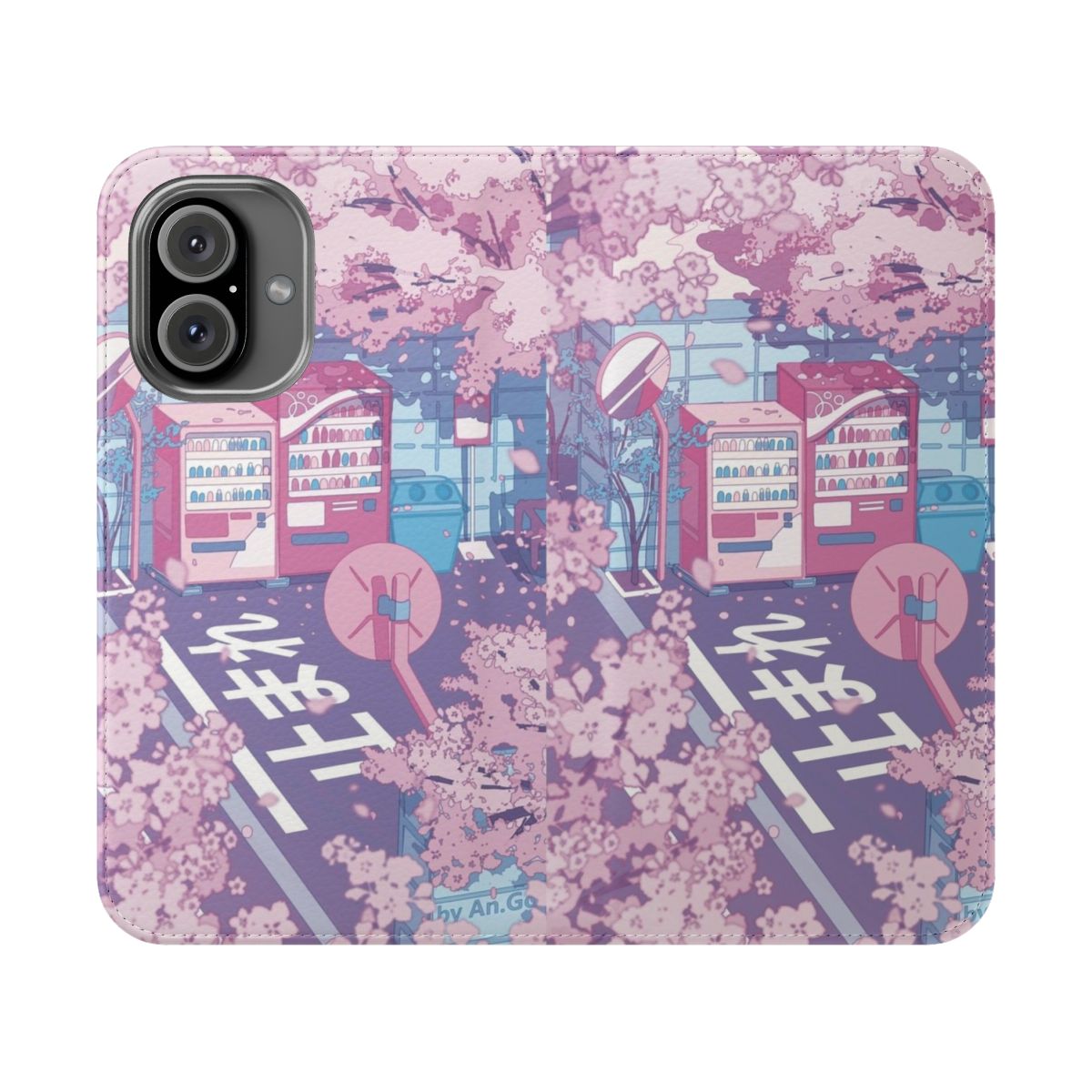 Pastel Japanese street scene with pink sakura tree blossoms, aesthetic phone case