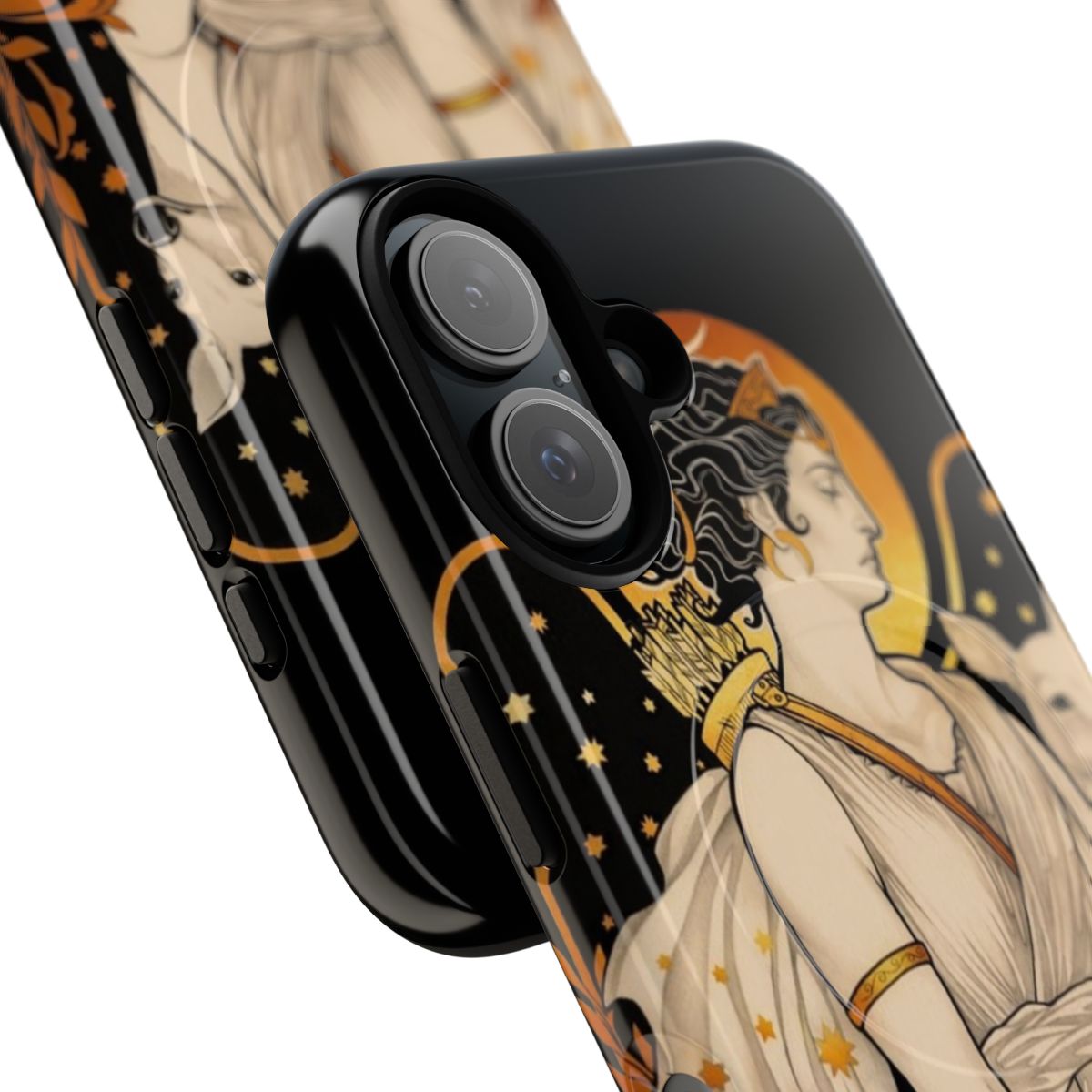 Magnetic tough phone case featuring a golden filigree design inspired by the Greek goddess Artemis. - Detail