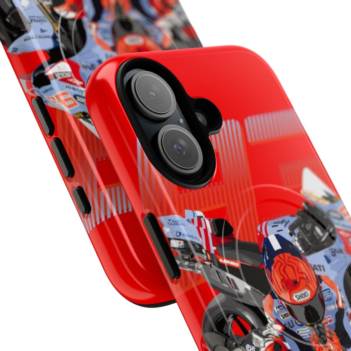 Motorcycle-themed phone case with magnetic closure and tough design for racing fans - Detail