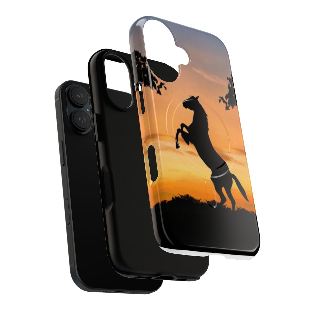 Sunset landscape with silhouetted horses on a magnetic protective phone case - Layers