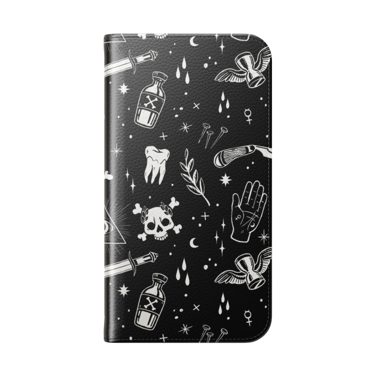 A dark and mysterious flip cover phone case featuring occult and gothic design elements. - Folded Back