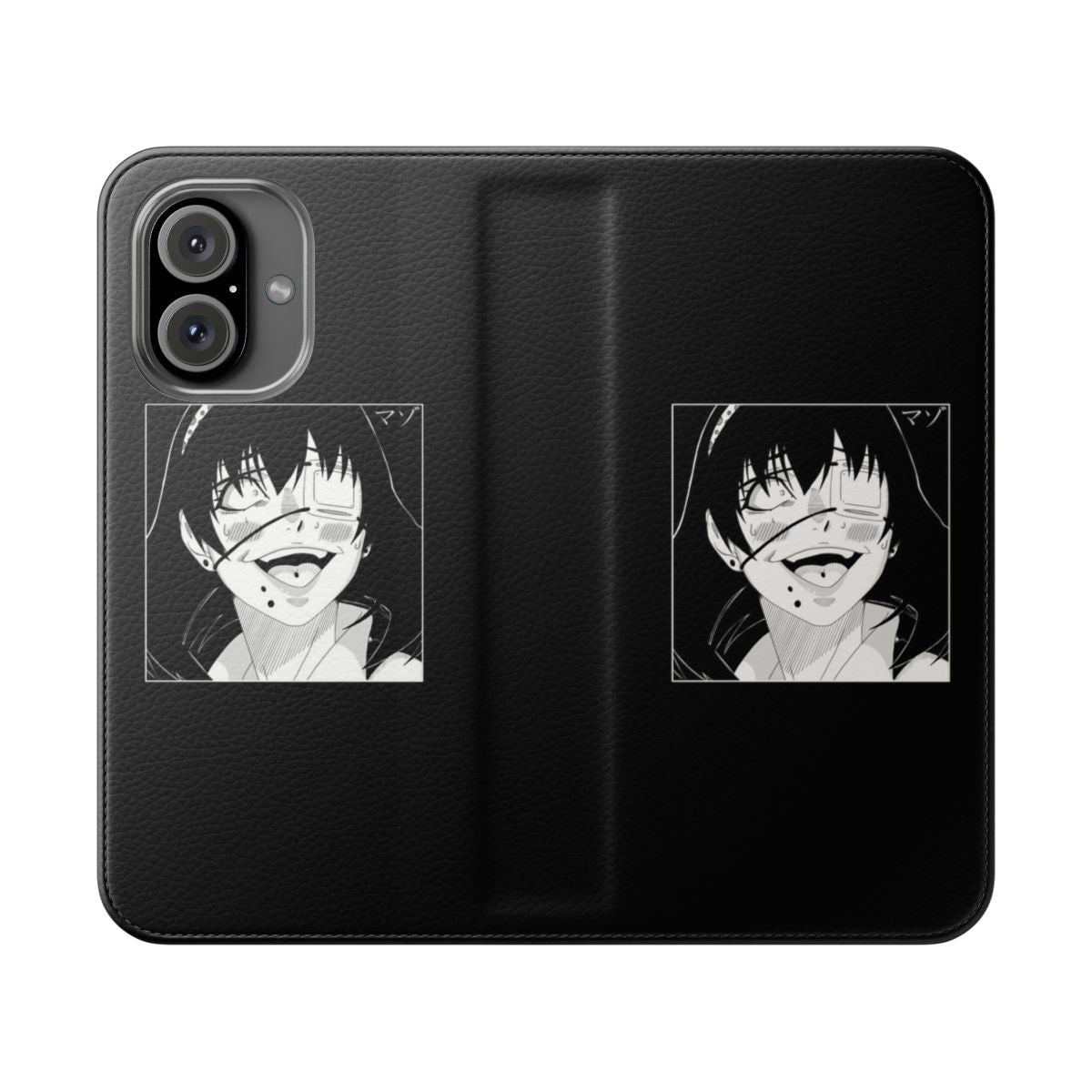 Anime-inspired flip phone case featuring a design inspired by the series Kakegurui.