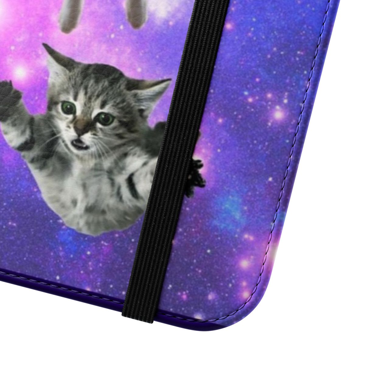 Flip phone case with a whimsical space cat design - Close Up