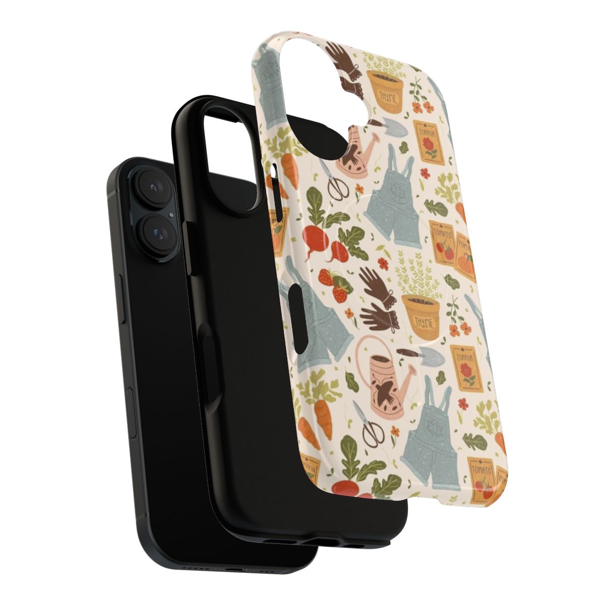 A phone case featuring gardening-themed design elements like plants, vegetables, and garden tools - Layers