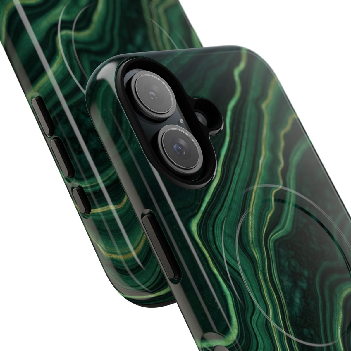 Faux malachite green marble with gold veins pattern on a magnetic tough phone case - Detail