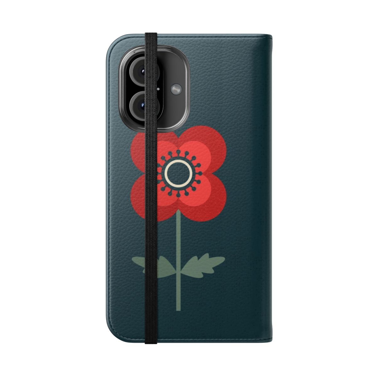 Vintage red poppy flower pattern on a forest green background phone case - Folded Front