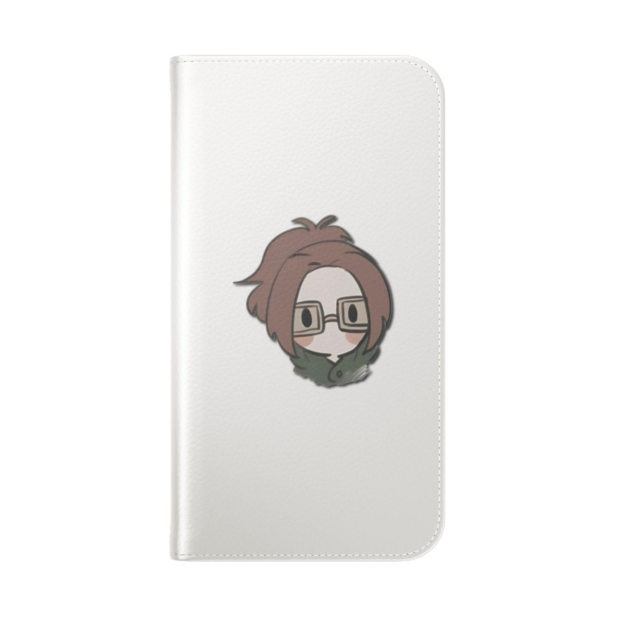 Cute anime-themed flip cover phone case featuring a chibi-style character design - Folded Back