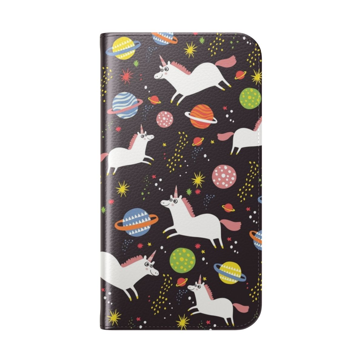 A vibrant flip phone case featuring a whimsical space unicorn design with planets, stars, and a retro, vintage-inspired aesthetic. - Folded Back