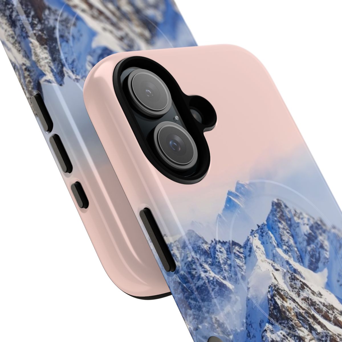 A phone case featuring a beautiful snow-capped mountain landscape in digital art style. - Detail