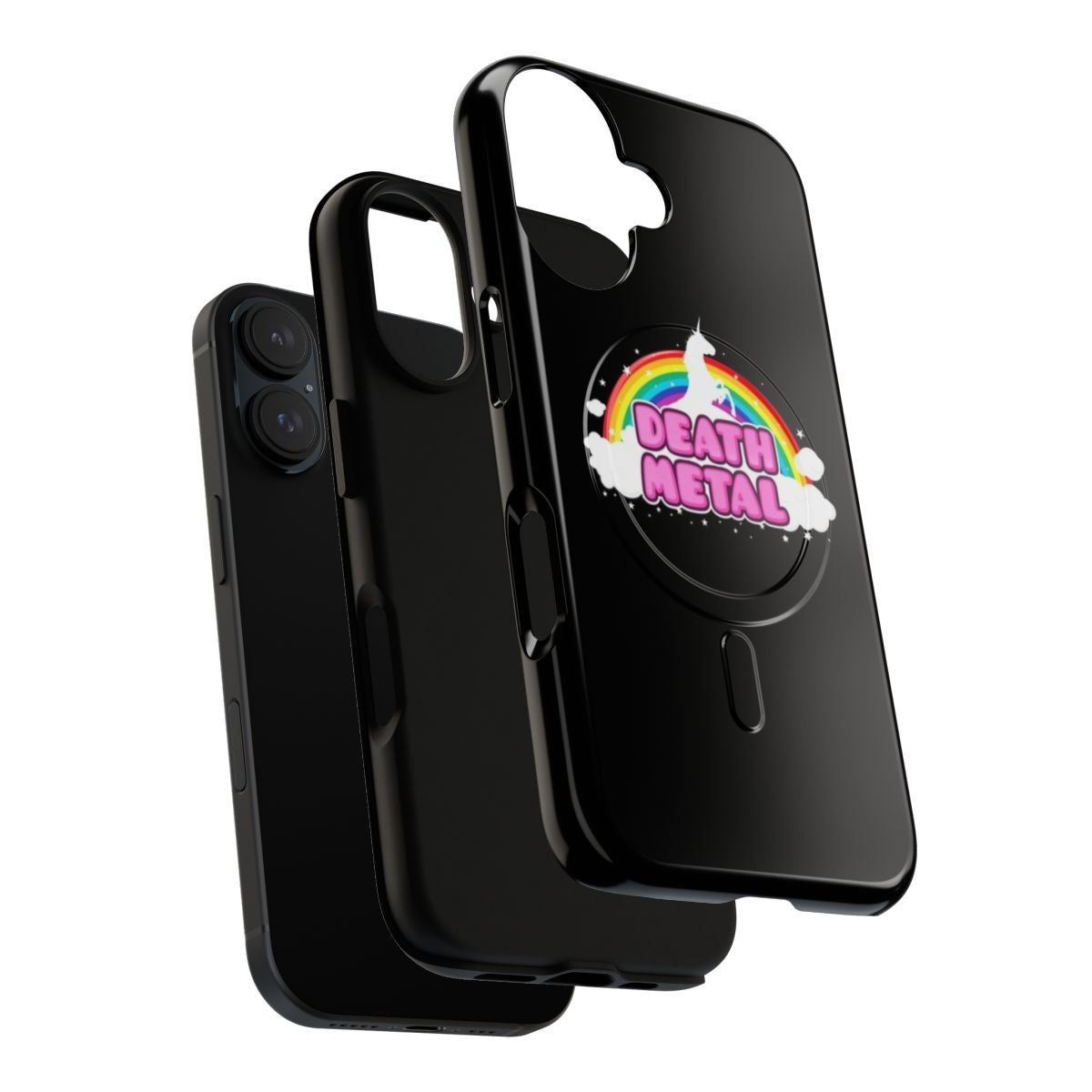 Colorful magnetic tough phone case with a funny unicorn and metal parody design - Layers