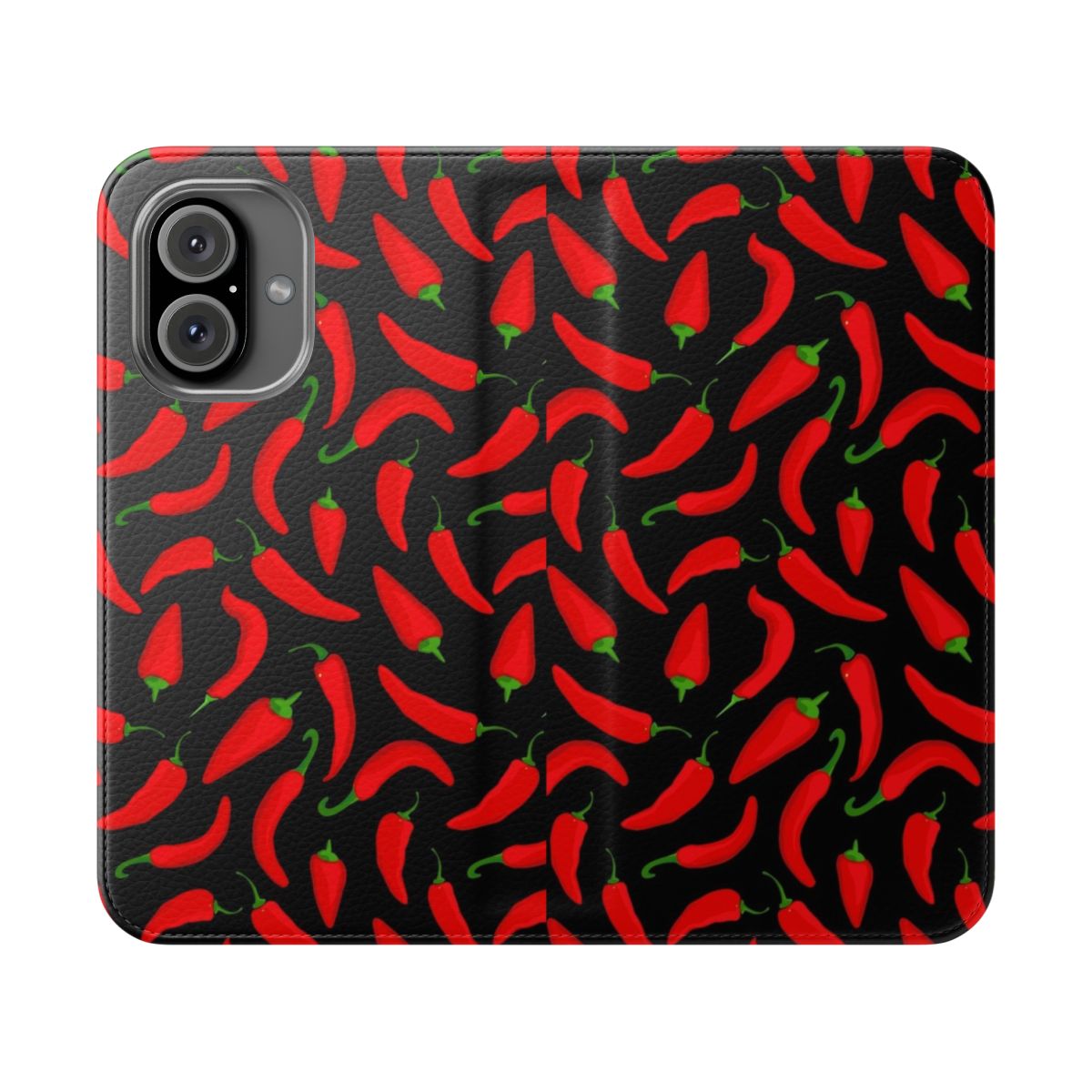 A stylish black phone case with a vibrant red chili pepper pattern design.