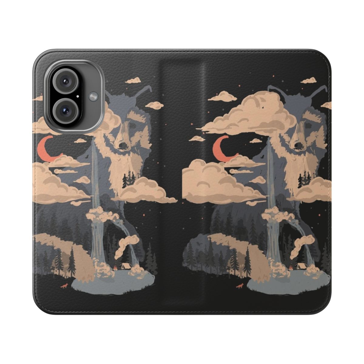 A flip cover phone case showcasing a breathtaking landscape of Fox Mountain with a waterfall, pond, and wildlife.