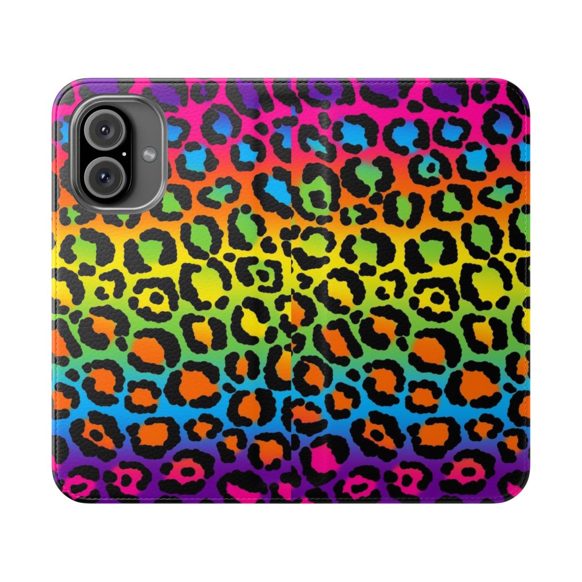 Vibrant 90s-inspired leopard print and rainbow flip phone case