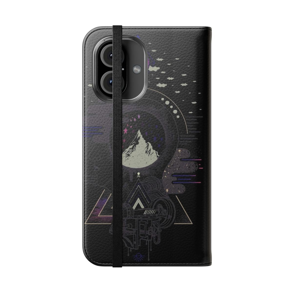 A unique and artistic phone case featuring a surreal, abstract design with a dreamlike space theme. - Folded Front