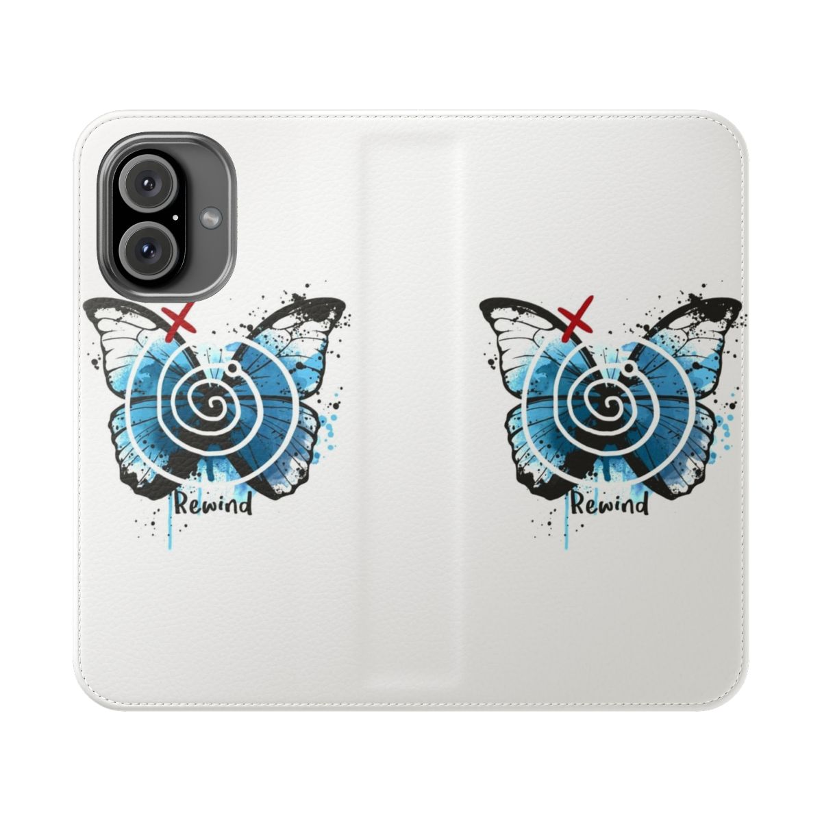 "Flip cover phone case inspired by the video game Life Is Strange, featuring elements like the butterfly logo and chaos theory."