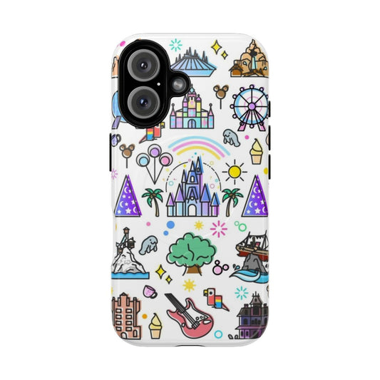 Assortment of phone cases featuring Disney-inspired themes like It's a Small World, Haunted Mansion, Princess Castle, and more.