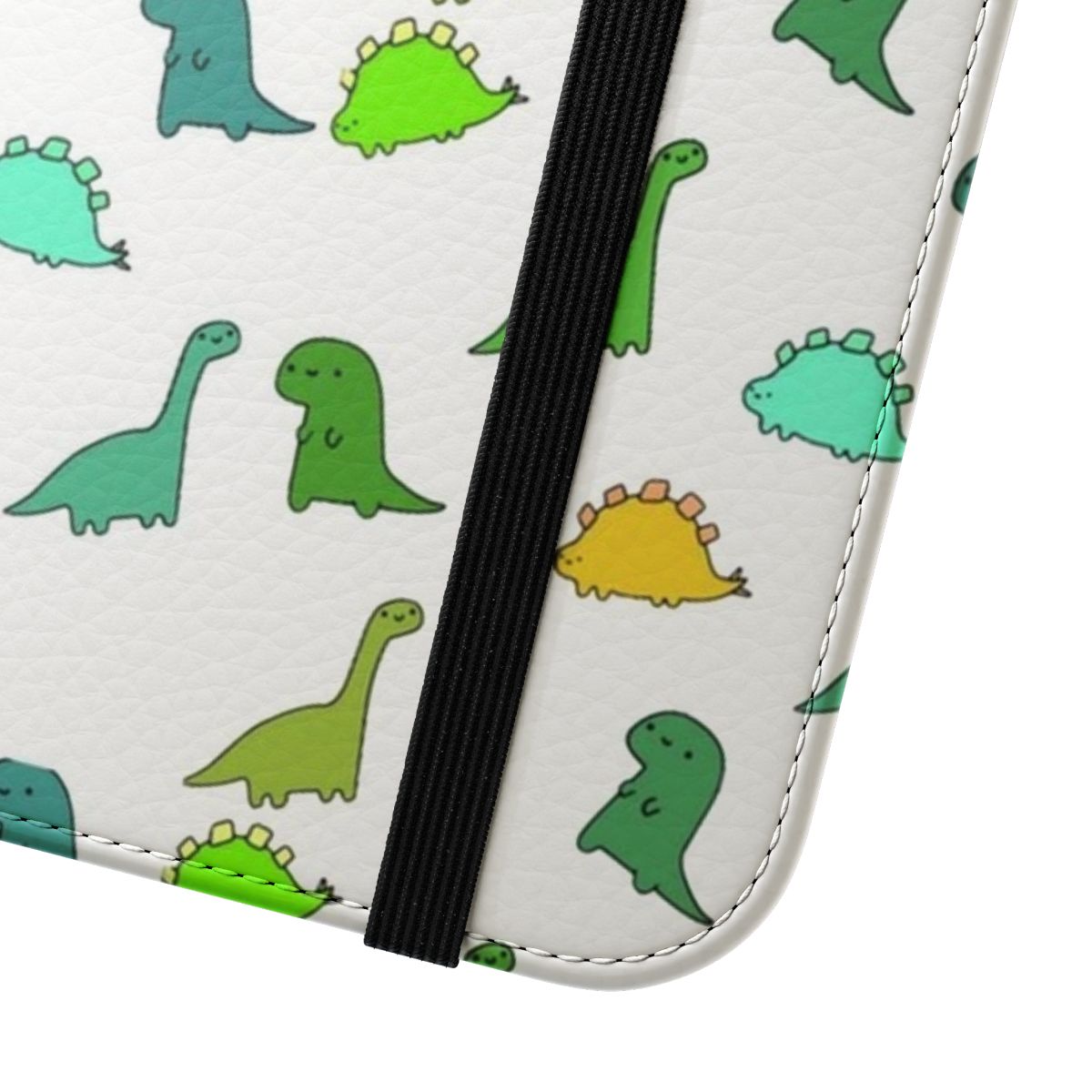 Colorful dinosaur-patterned flip phone case for mobile devices - Close Up