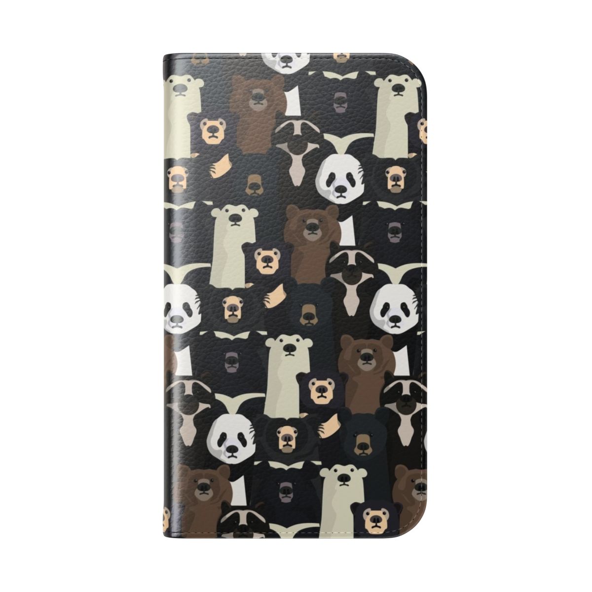 Colorful flip cover phone case featuring a vibrant pattern of various bear species and wildlife. - Folded Back