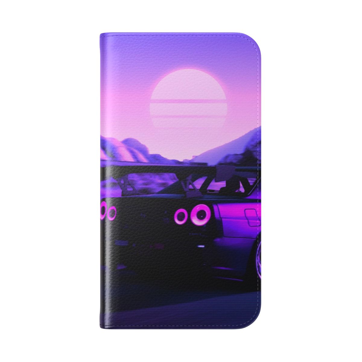 Sleek and stylish flip phone case featuring the iconic Nissan Skyline GTR R34 against a vibrant retro sunset background. - Folded Back