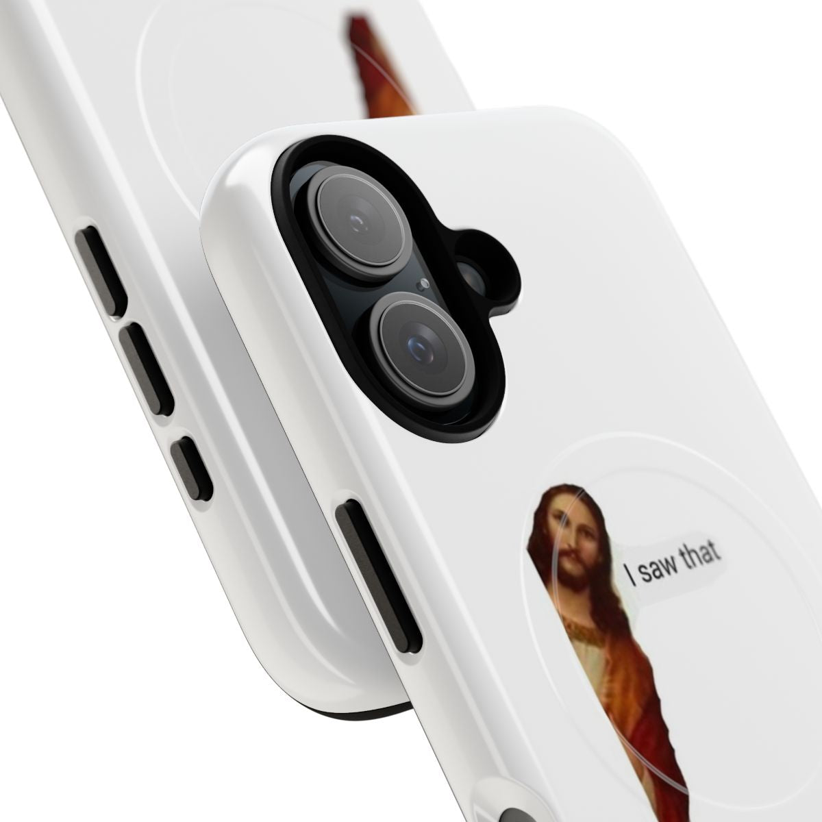 Magnetic tough phone case with a funny, religious meme design - Detail