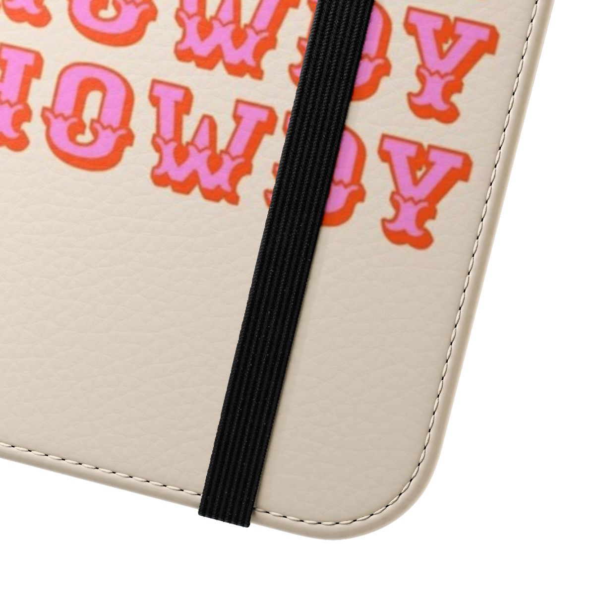 Flip cover phone case with a western-inspired, "howdy" design - Close Up