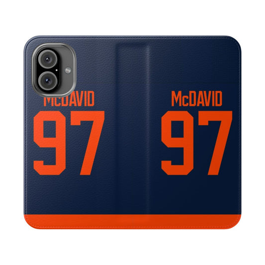 Customized phone case featuring the Edmonton Oilers' alternate jersey design and Connor McDavid's name and number.