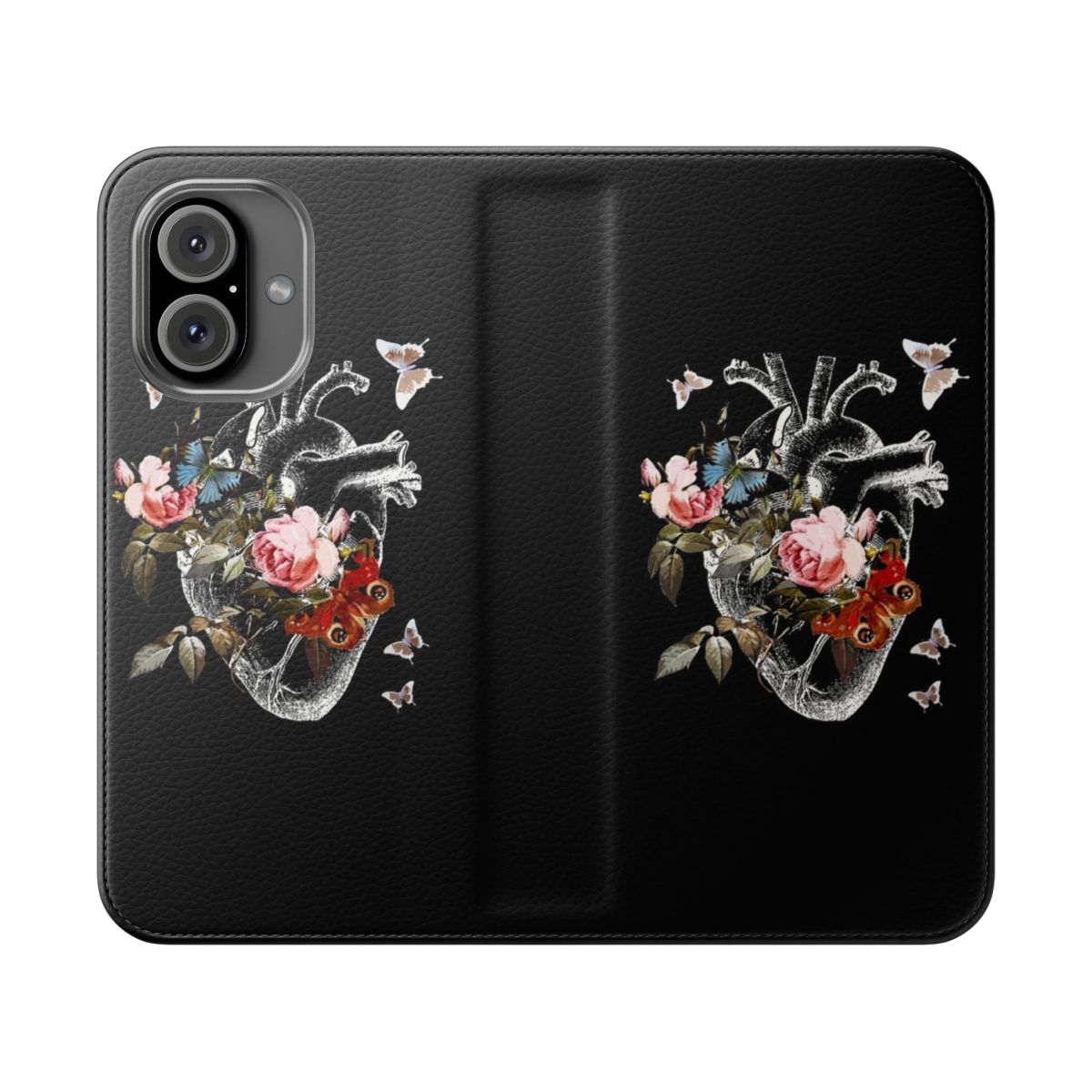 Floral heart-shaped phone case with watercolor design and human anatomy detail