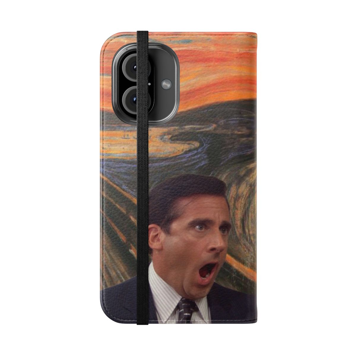 Flip cover phone case featuring a humorous parody of Edvard Munch's "The Scream" with Michael Scott's iconic quote from "The Office" - Folded Front