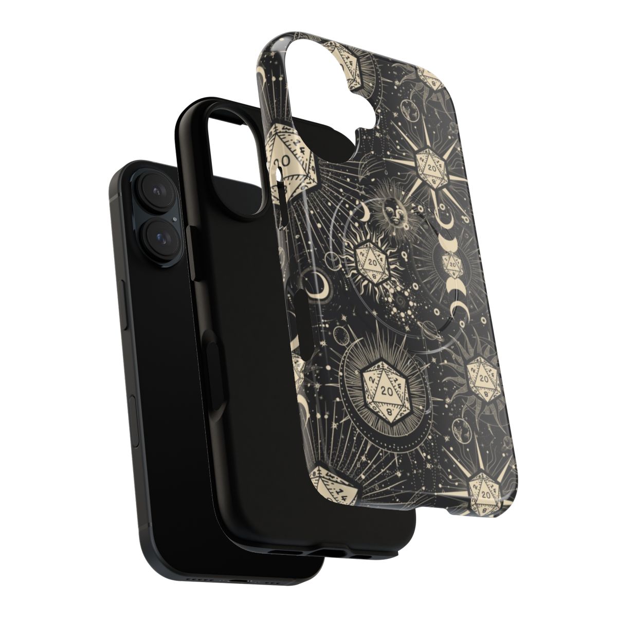 Cosmic and celestial-themed phone case with DnD d20 dice and star pattern design - Layers