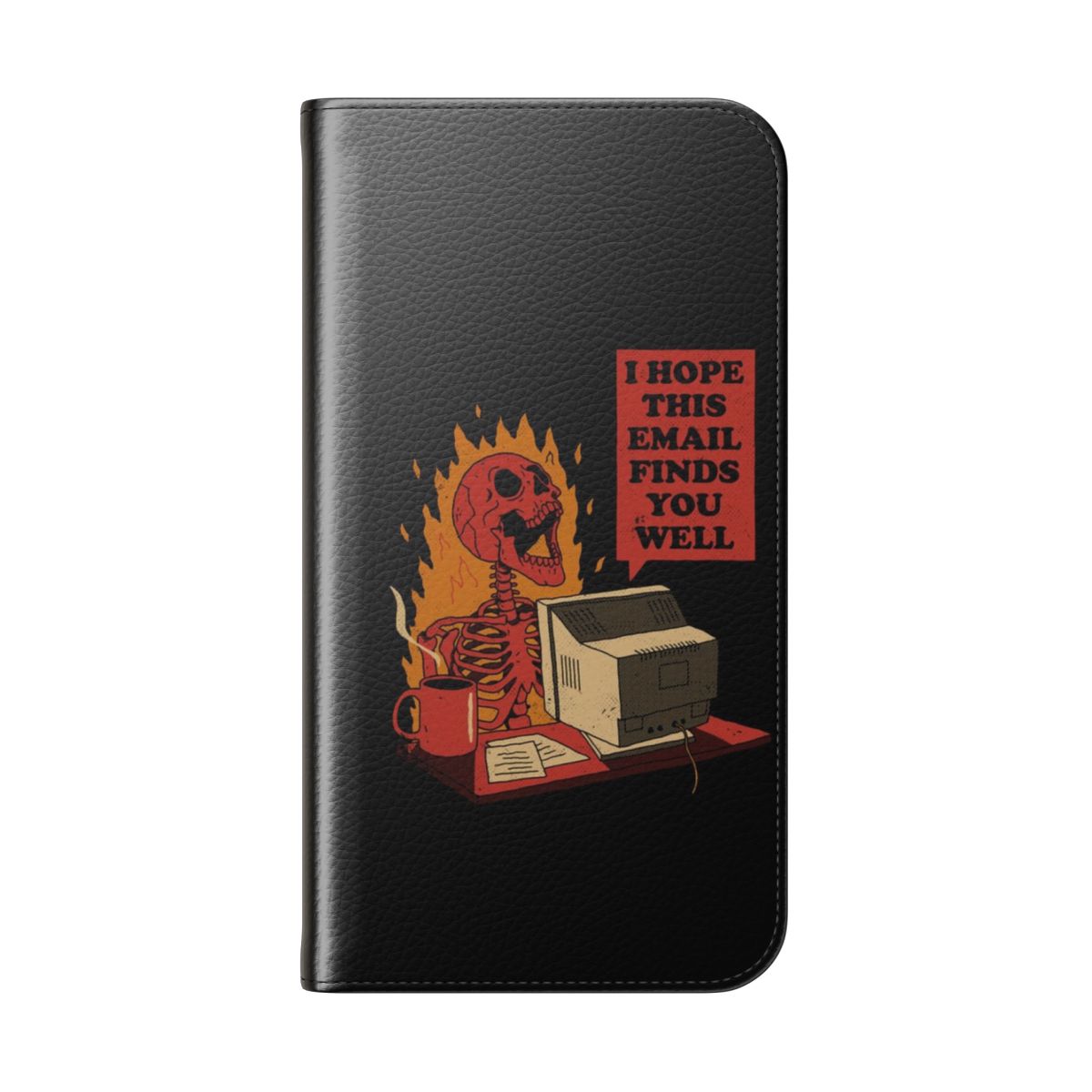 Flip cover phone case with computer, email, and humor-themed graphics - Folded Back