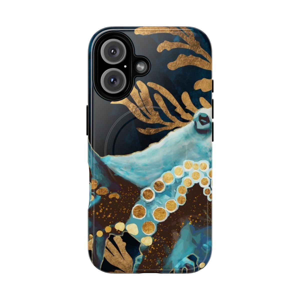 Indigo and gold octopus tentacles on a phone case with a contemporary abstract design