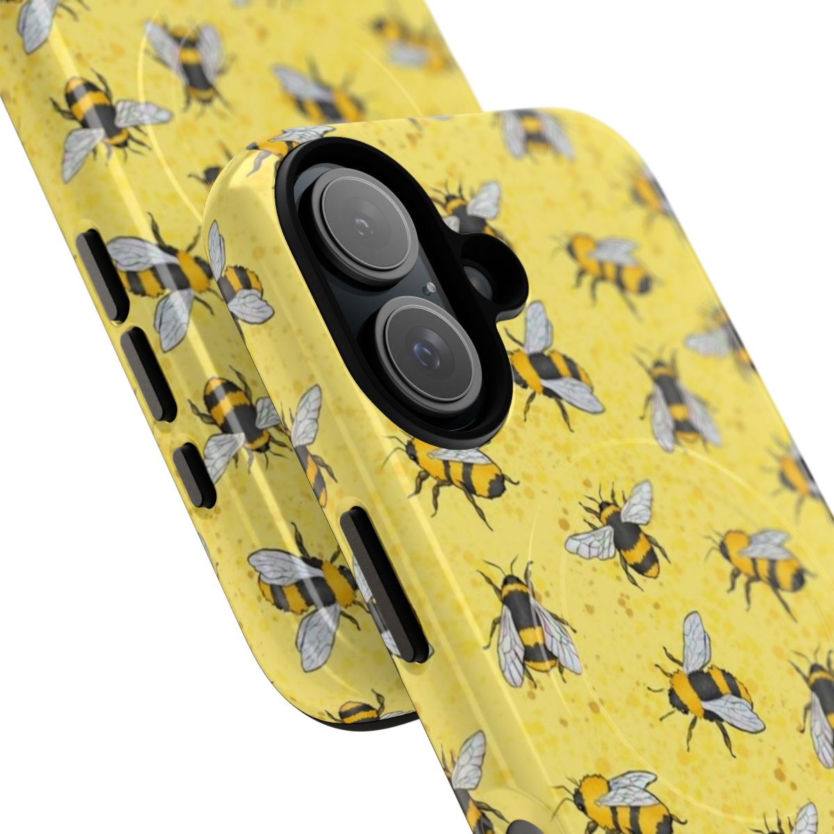 Magnetic phone case with a stylish, repeating bee pattern in shades of yellow. - Detail