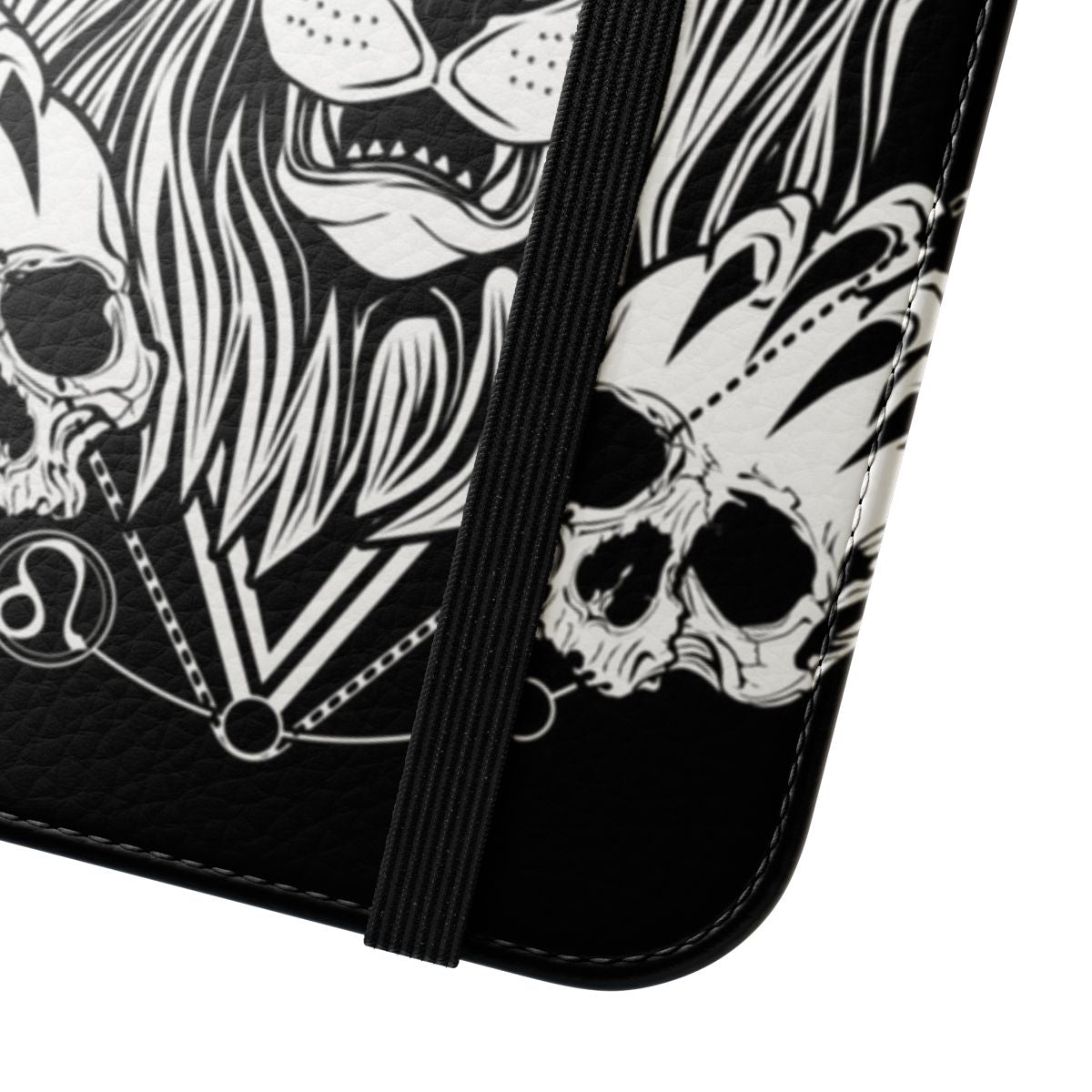 Dark Art Zodiac Leo Flip Cover Phone Case featuring a fierce lion with horns, skulls, and a monstrous design - Close Up