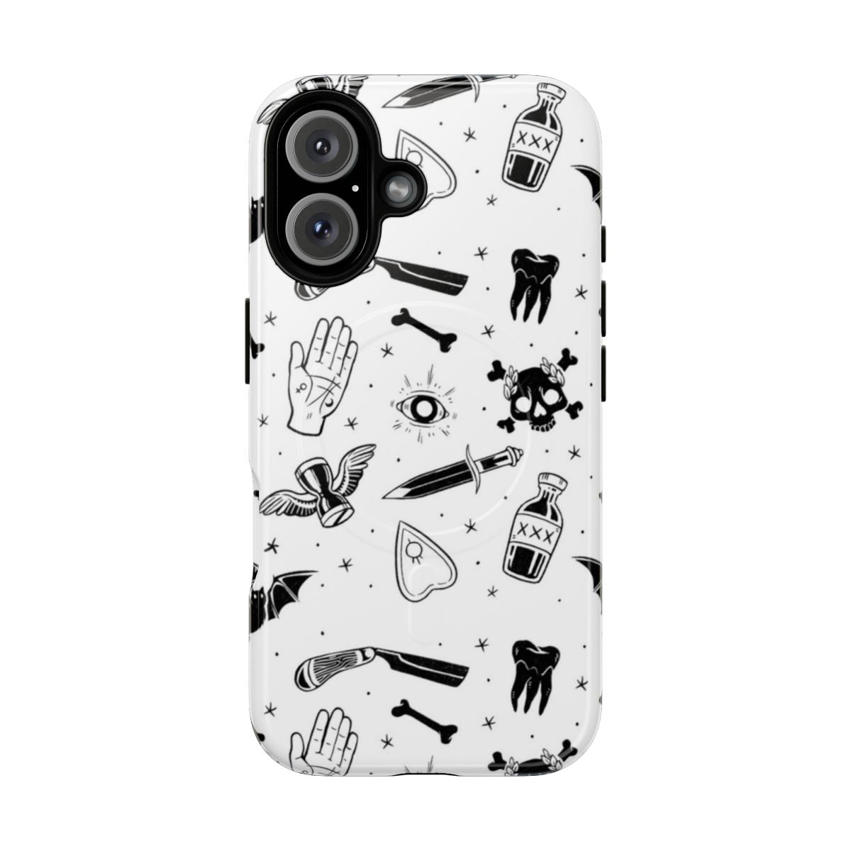 Macabre gothic occult spooky Halloween phone case with bones, skulls, and other dark imagery